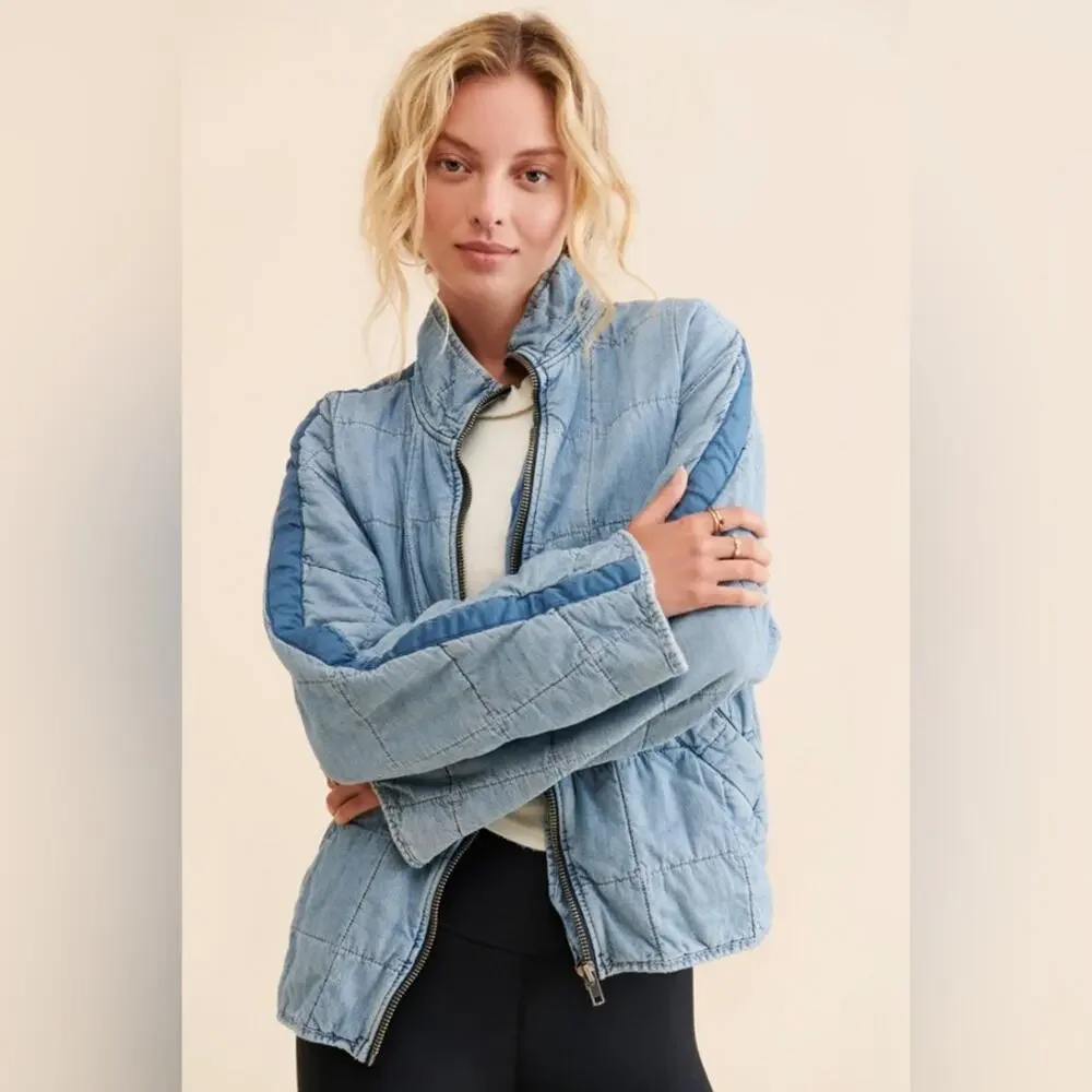 FREE PEOPLE Quilted Denim Dolman Jacket Size Small
